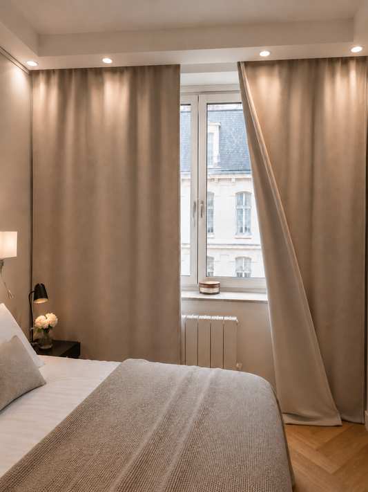 Maßgefertigter, beiger Schallschutzvorhang „Cotton Silence“ in einem Schlafzimmer, an einer Schiene vor einem Fenster angebracht