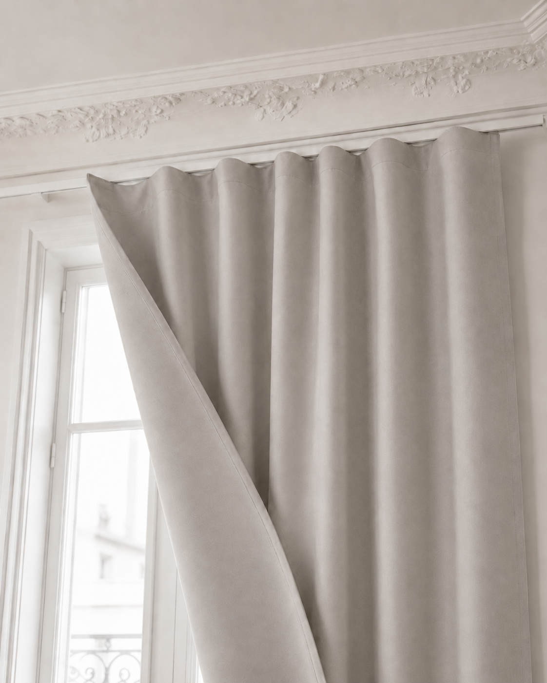 Rideau phonique Cotton Silence beige avec finition recto-verso en tissu