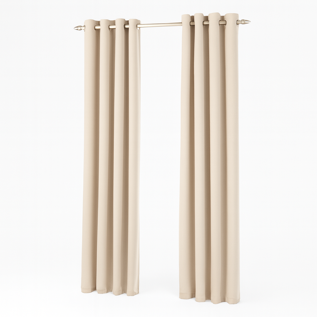 Maßgefertigte beige Schallschutzvorhänge an einer Stange – Cotton Silence.png