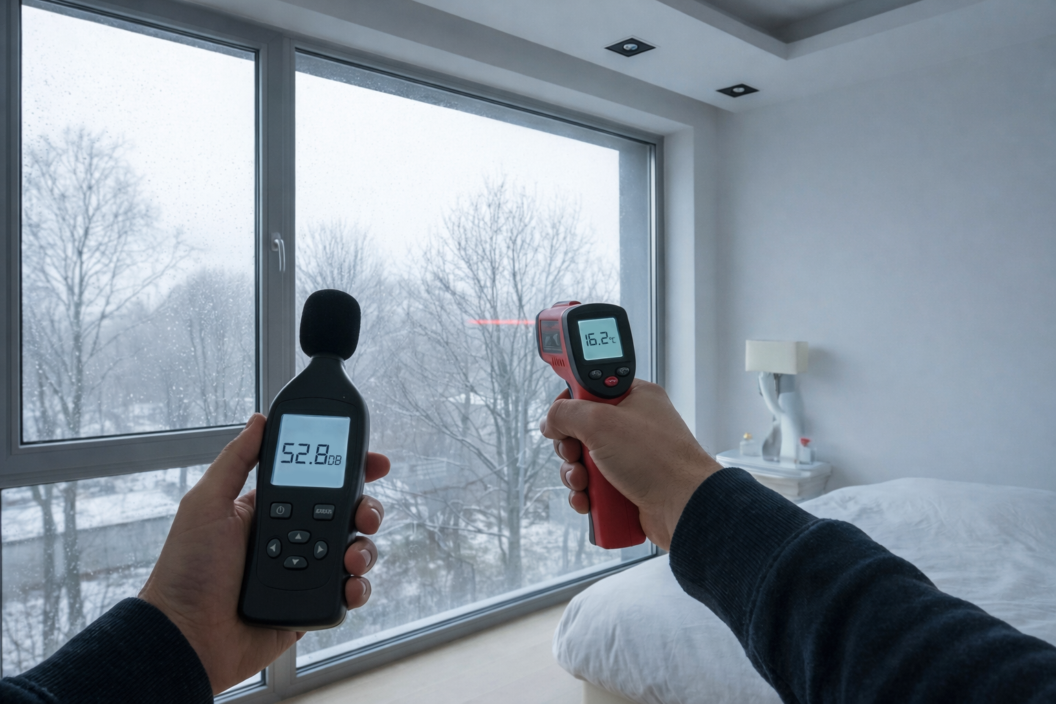 Schallpegelmesser- und Infrarot-Thermometer-Test ohne maßgeschneiderte Schallschutzvorhänge – Cotton Silence