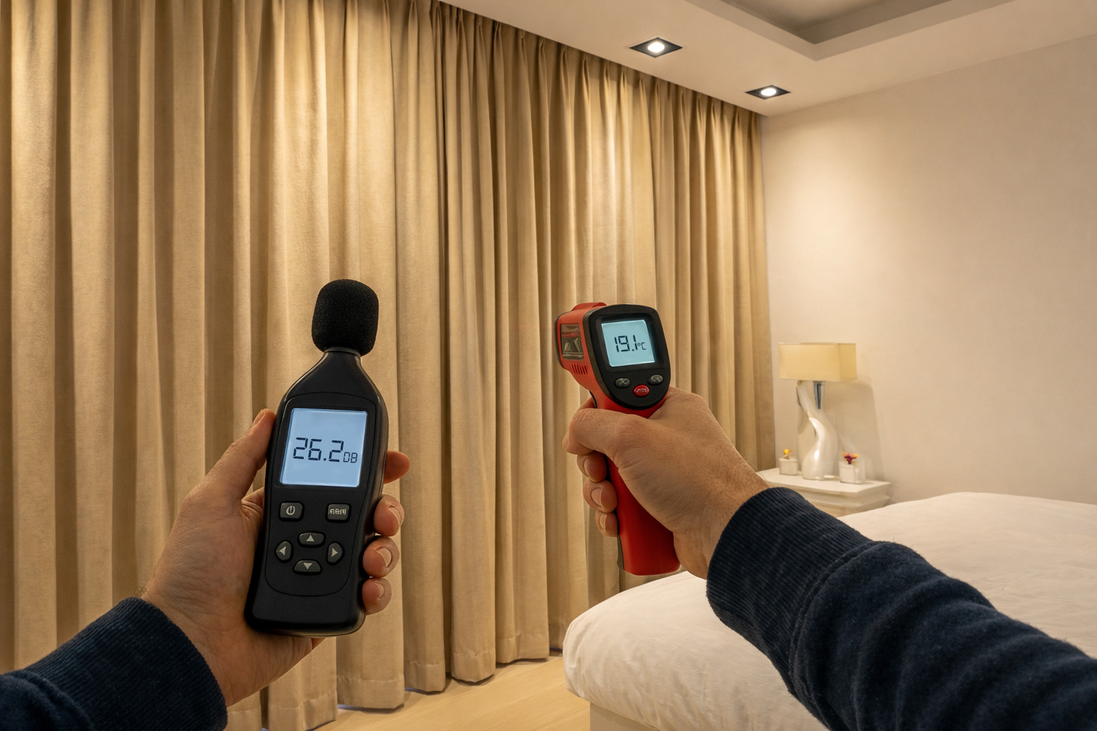 Test con sonometro e termometro a infrarossi con tende fonoassorbenti su misura - Cotton Silence